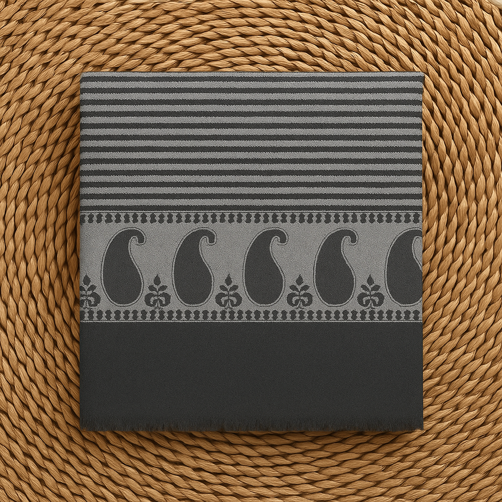 Black & Grey Striped Pashmina Shawl with Paisley Border