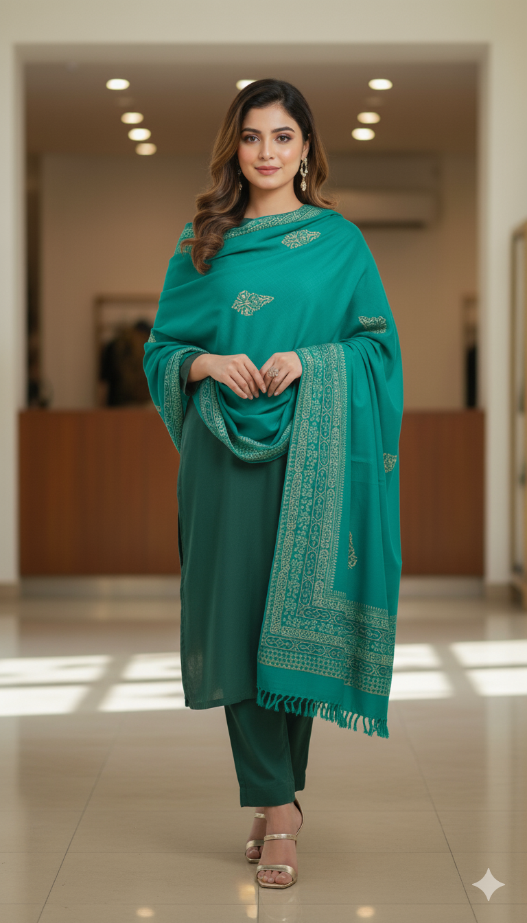 Emerald Green Block Print Pashmina Shawl