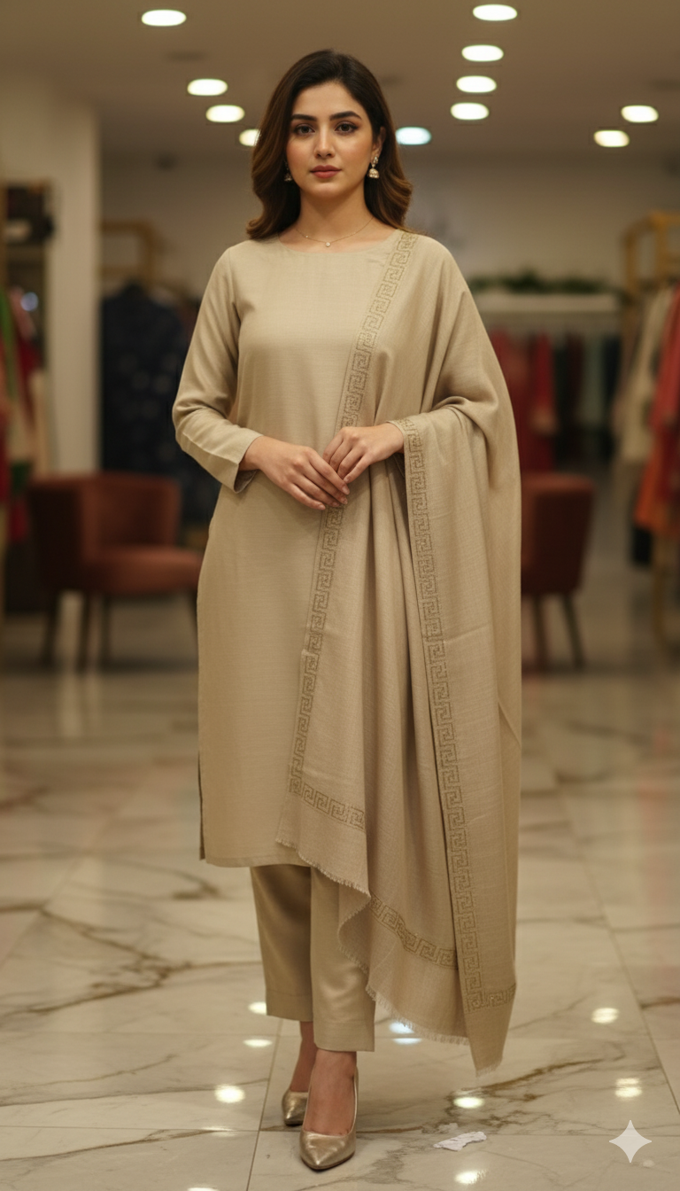 Elegant Beige Pashmina shawl with Embroidered Border