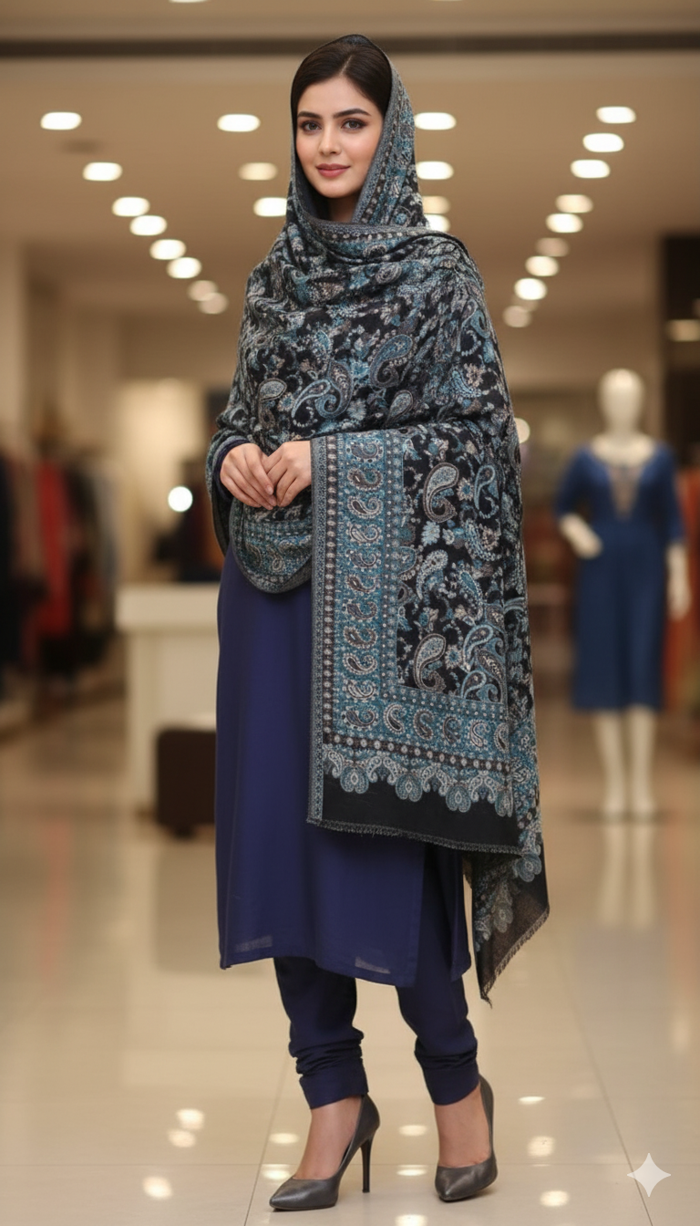 Kani Mini Shawl – Blue & Black Paisley Elegance
