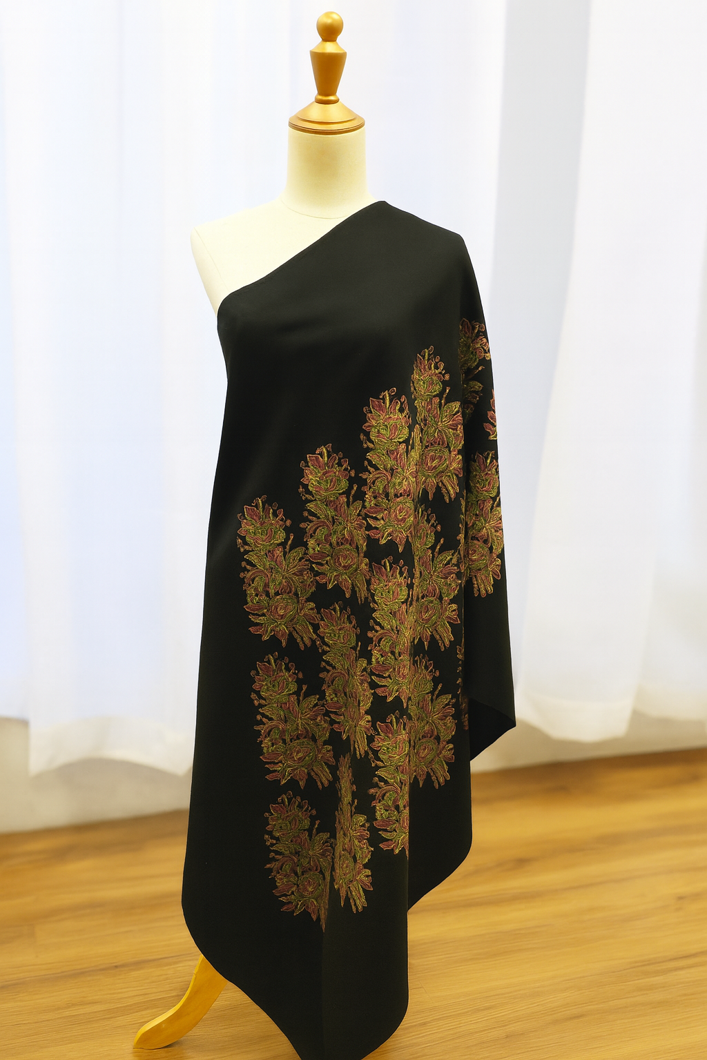 Elegant Black Pashmina Shawl with Floral Block Print Embroidery