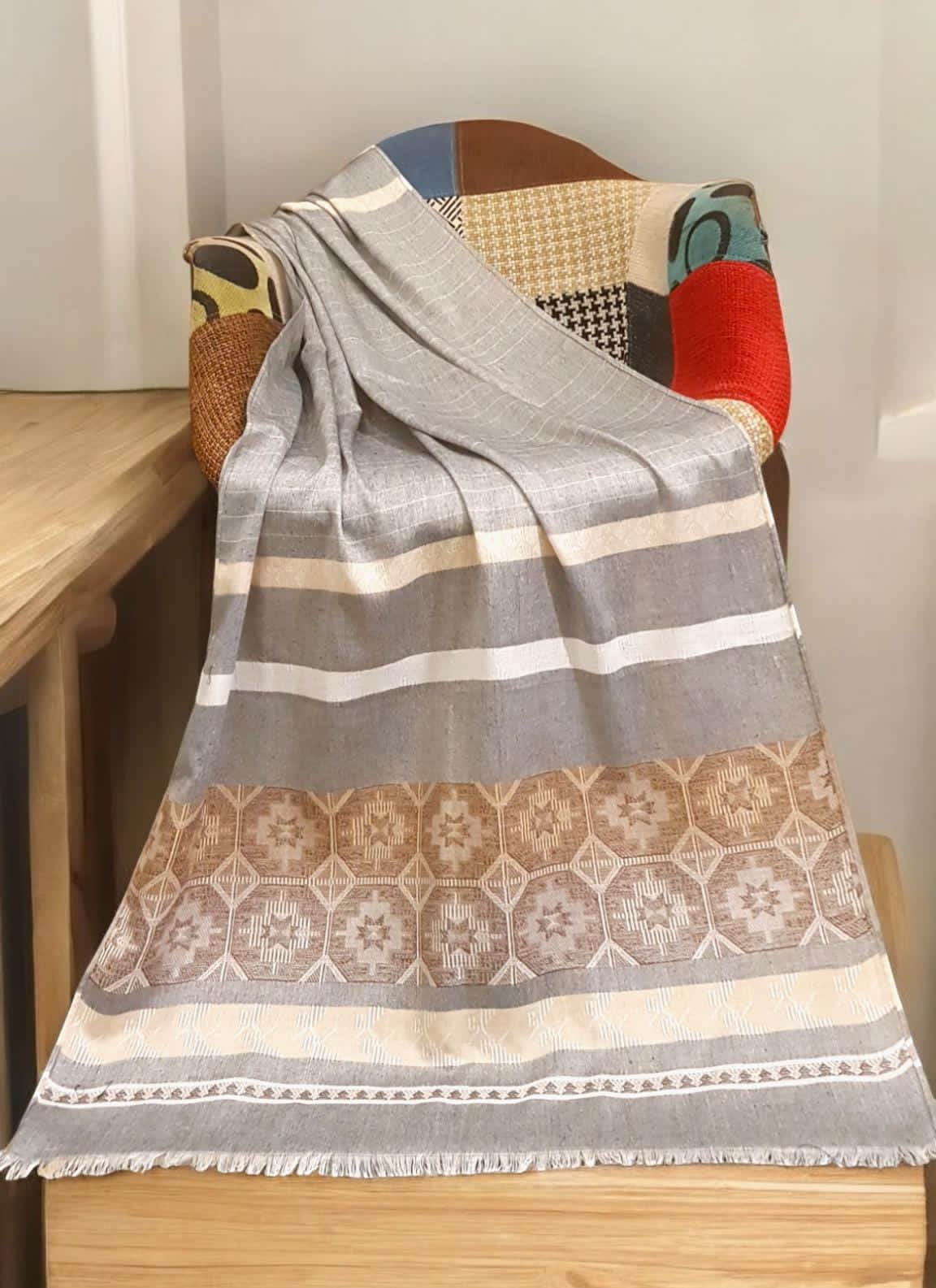 Elegant Grey and Beige Geometric Woven Stole | Winter
