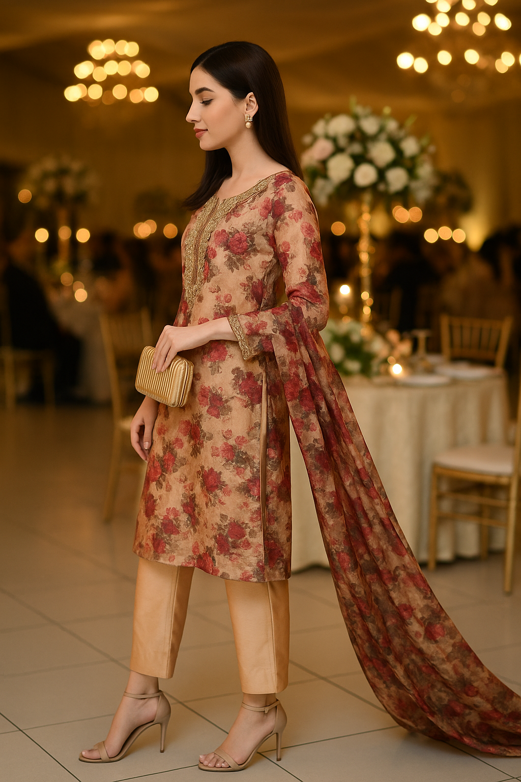 Floral embroidery gota hand embroidery neckline