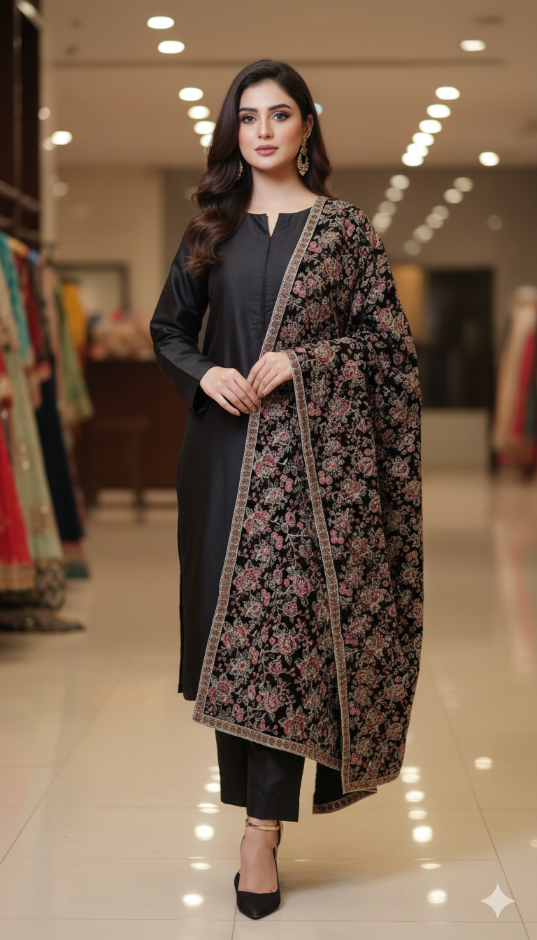 Luxury Black Velvet Embroidered Shawl