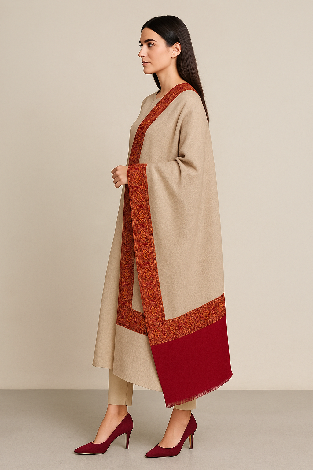 Elegant Beige & Maroon Pashmina Shawl with Aari Embroidered Border
