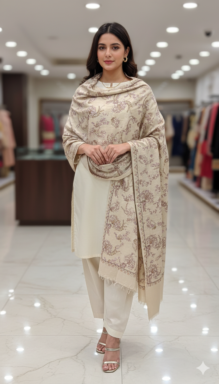 Cream Printed Pashmina Shawl