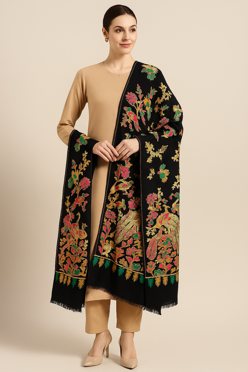 Luxury Peacock Embroidery Pashmina Shawl Midnight Black