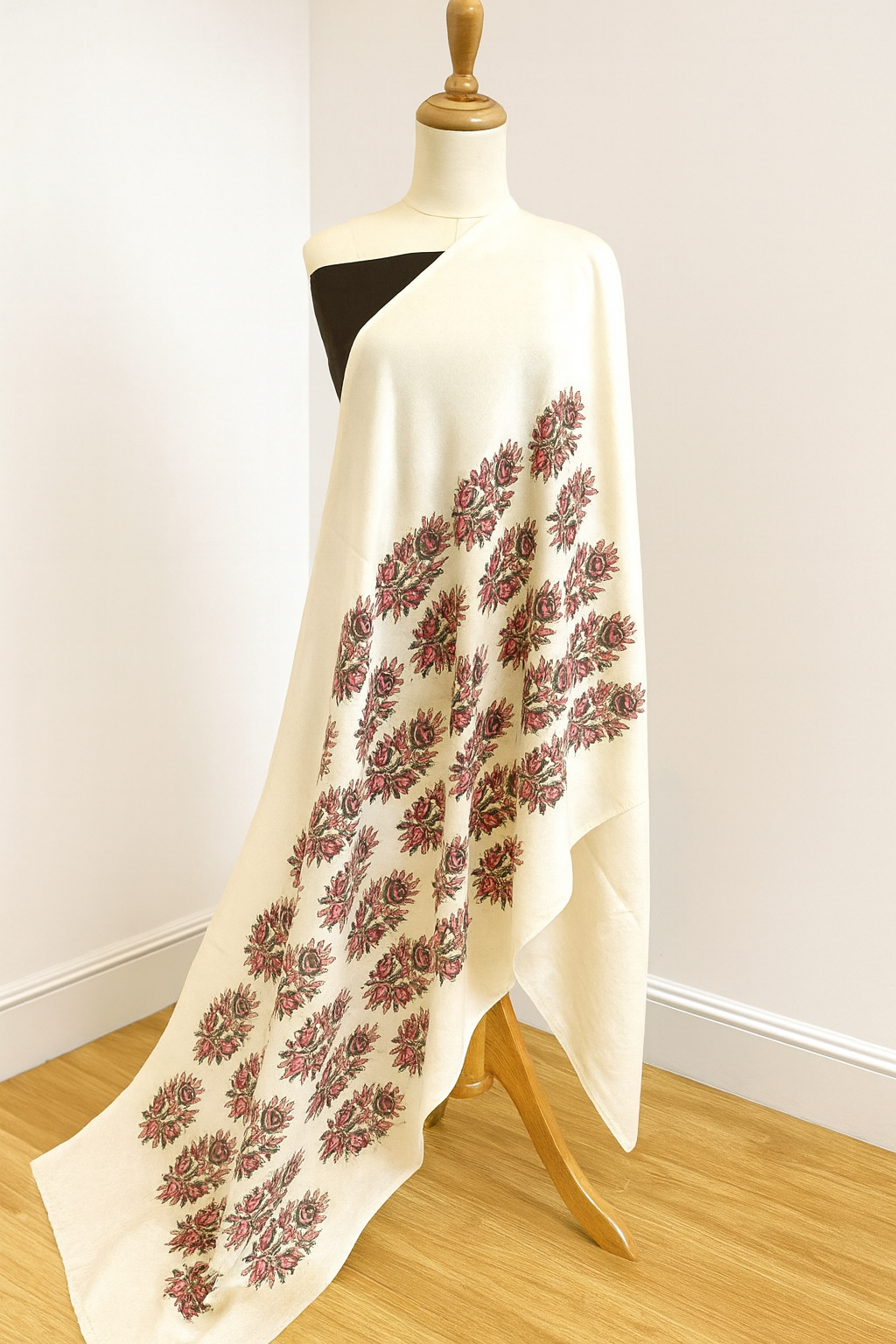 Elegant Block Print Pashmina Shawl – Cream with Maroon Floral Motif
