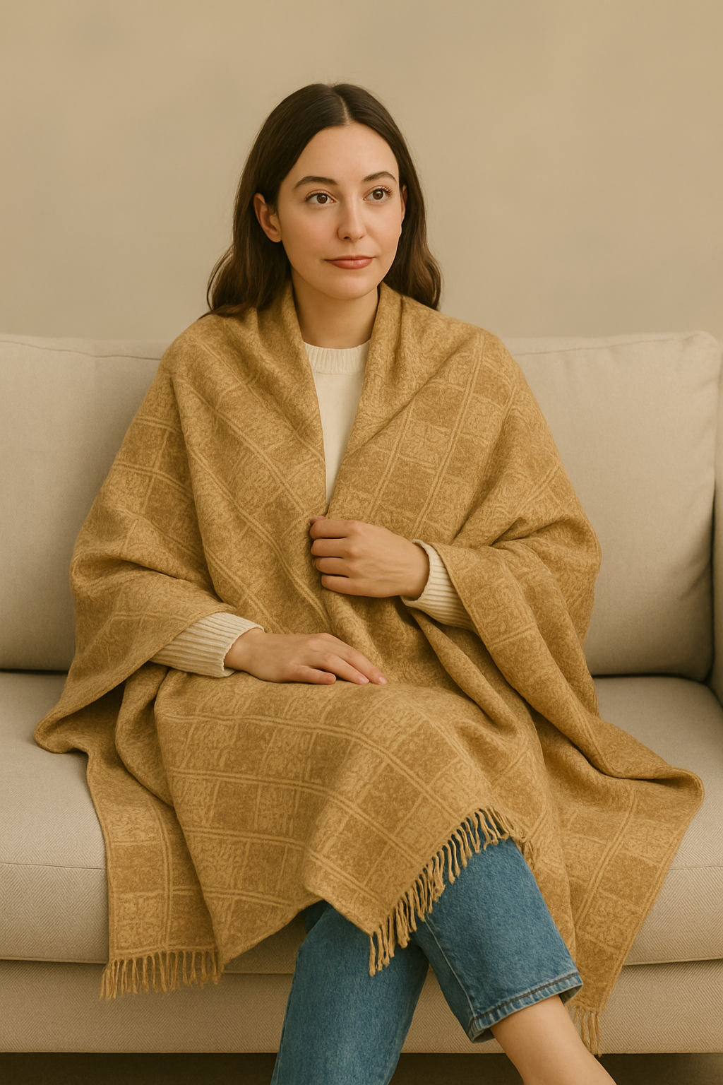 Elegant Beige Wool Stoler  Geometric Floral Pattern