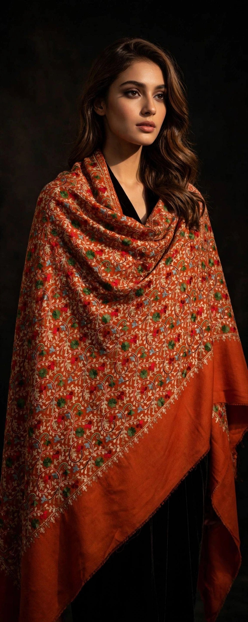 Rust Orange Pashmina Shawl with Aari Embroidery