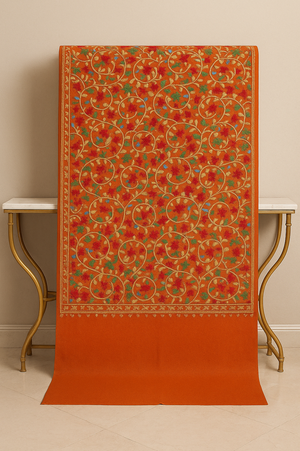 Orange Pashmina Aari Embroidery Shawl  Handcrafted Luxury Wrap