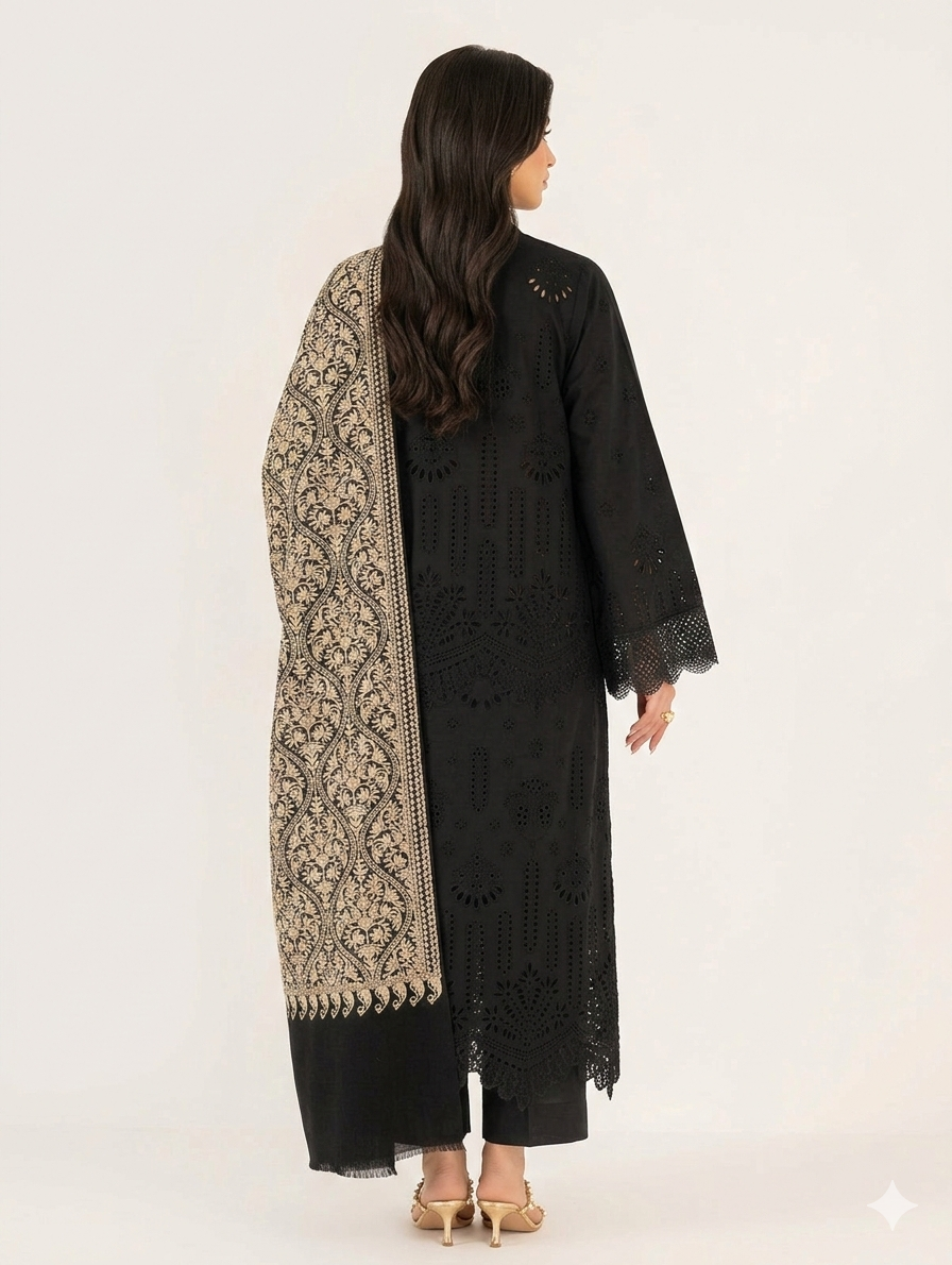 Pashmina Embroidered Shawl Matka Design | Kashmiri Aar Work Embroidery | Black With Skin