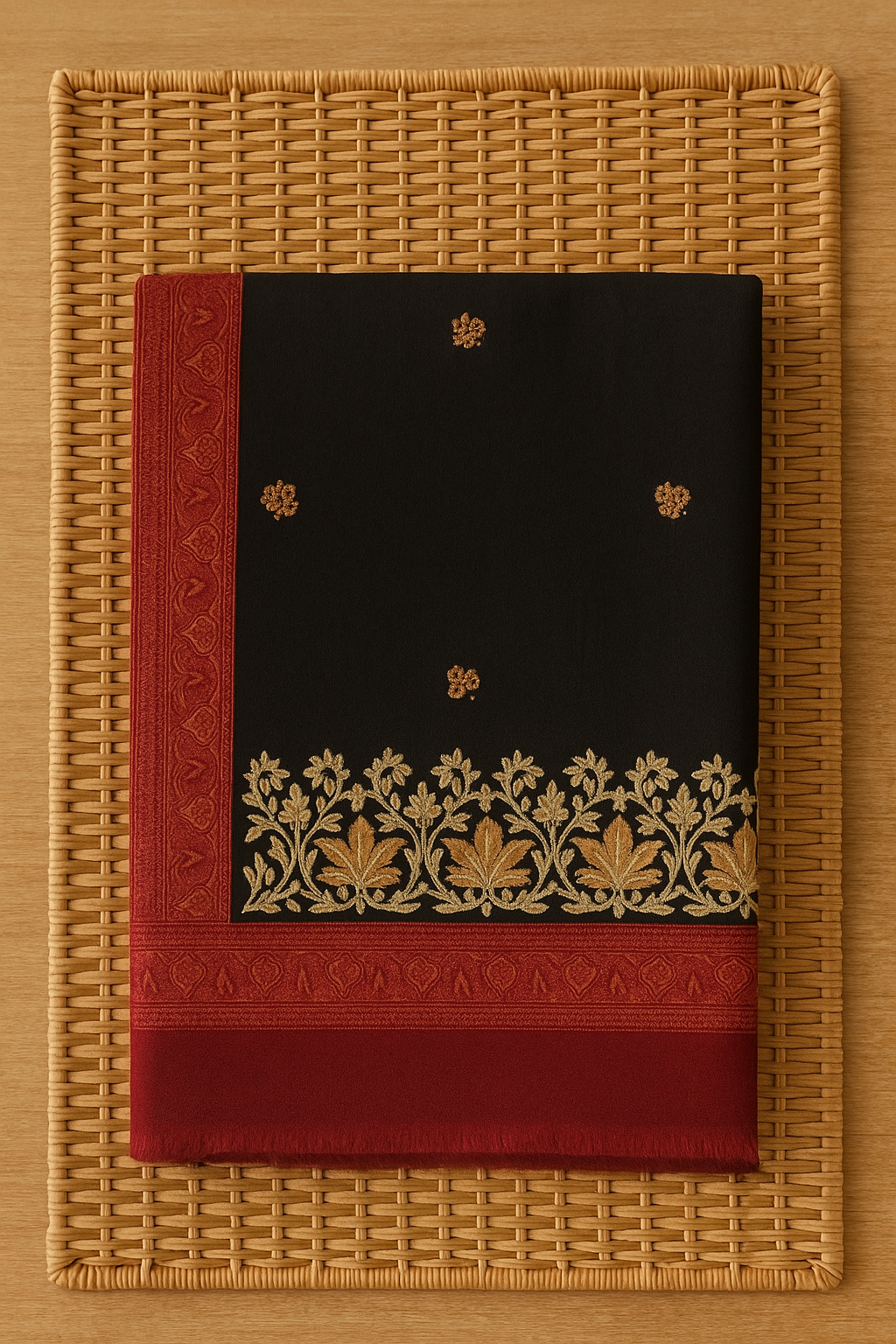 Luxury Black Pashmina Shawl with Maroon Border & Golden Embroidery