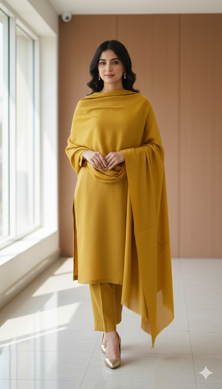 Mustard Yellow Plain Pashmina Suit with Dupatta