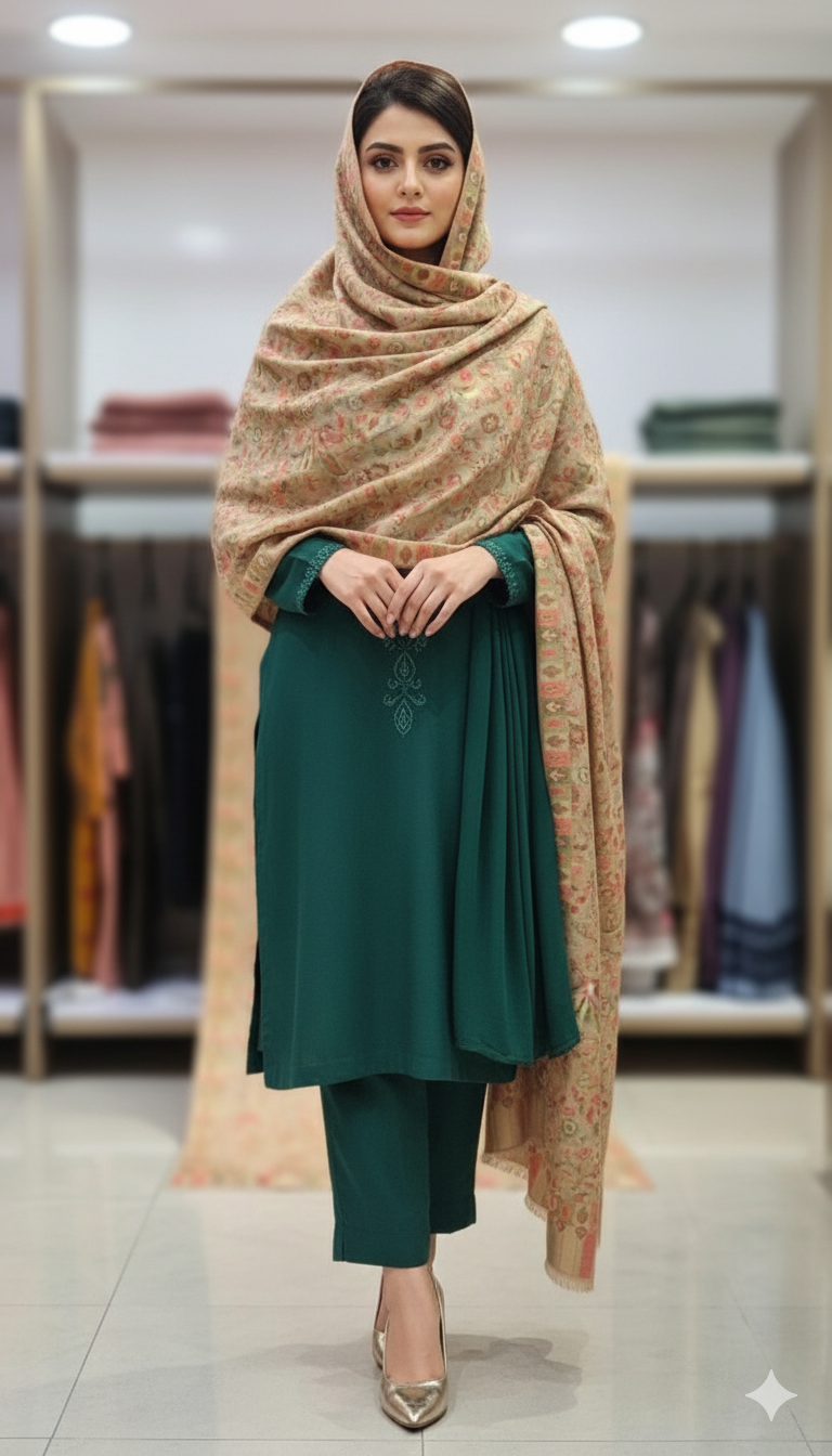 Mini Kani Pashmina Shawl  Beige Floral Weave