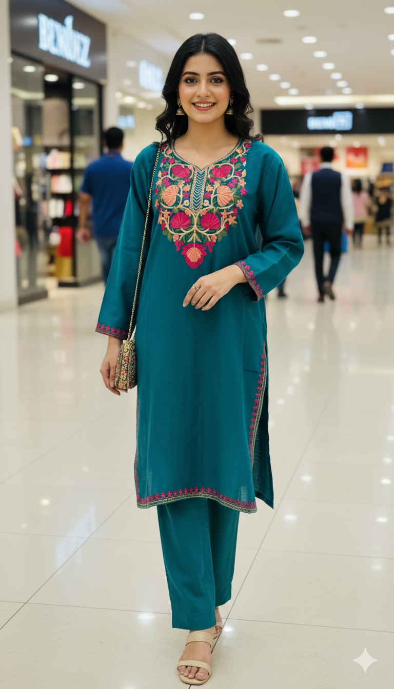 Teal Kashmiri Embroidered Pheran