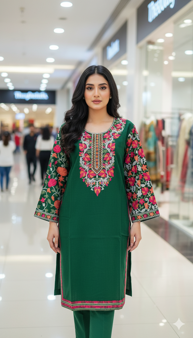 Exquisite Kashmiri Embroidered Pheran - Evergreen Elegance