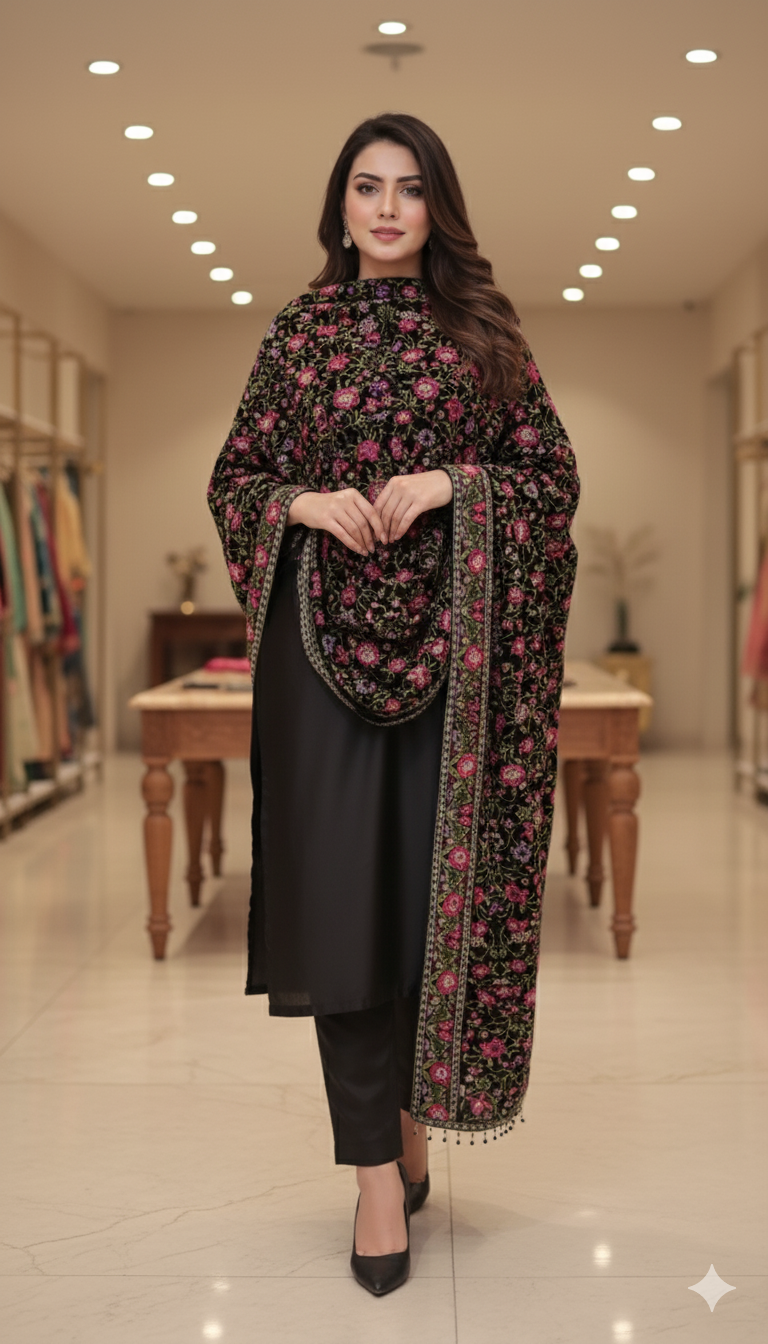Velvet Embroidered Shawl – Black with Multicolor Floral Detailing