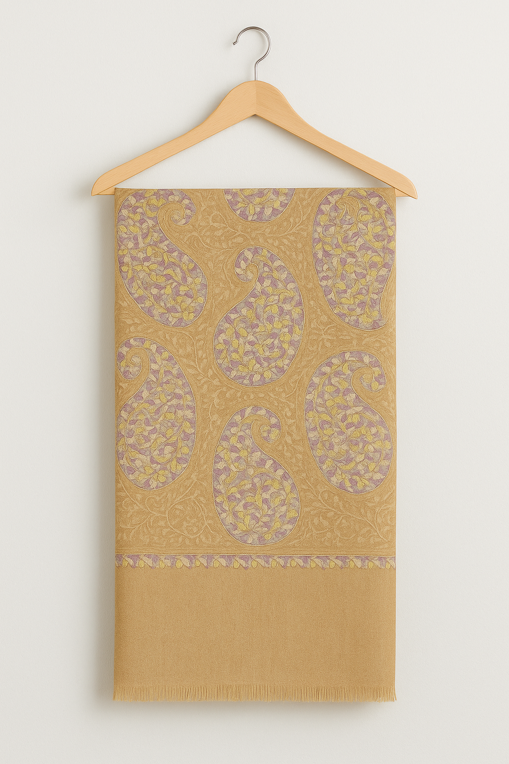 Golden Beige Pashmina Shawl with Pastel Paisley Embroidery