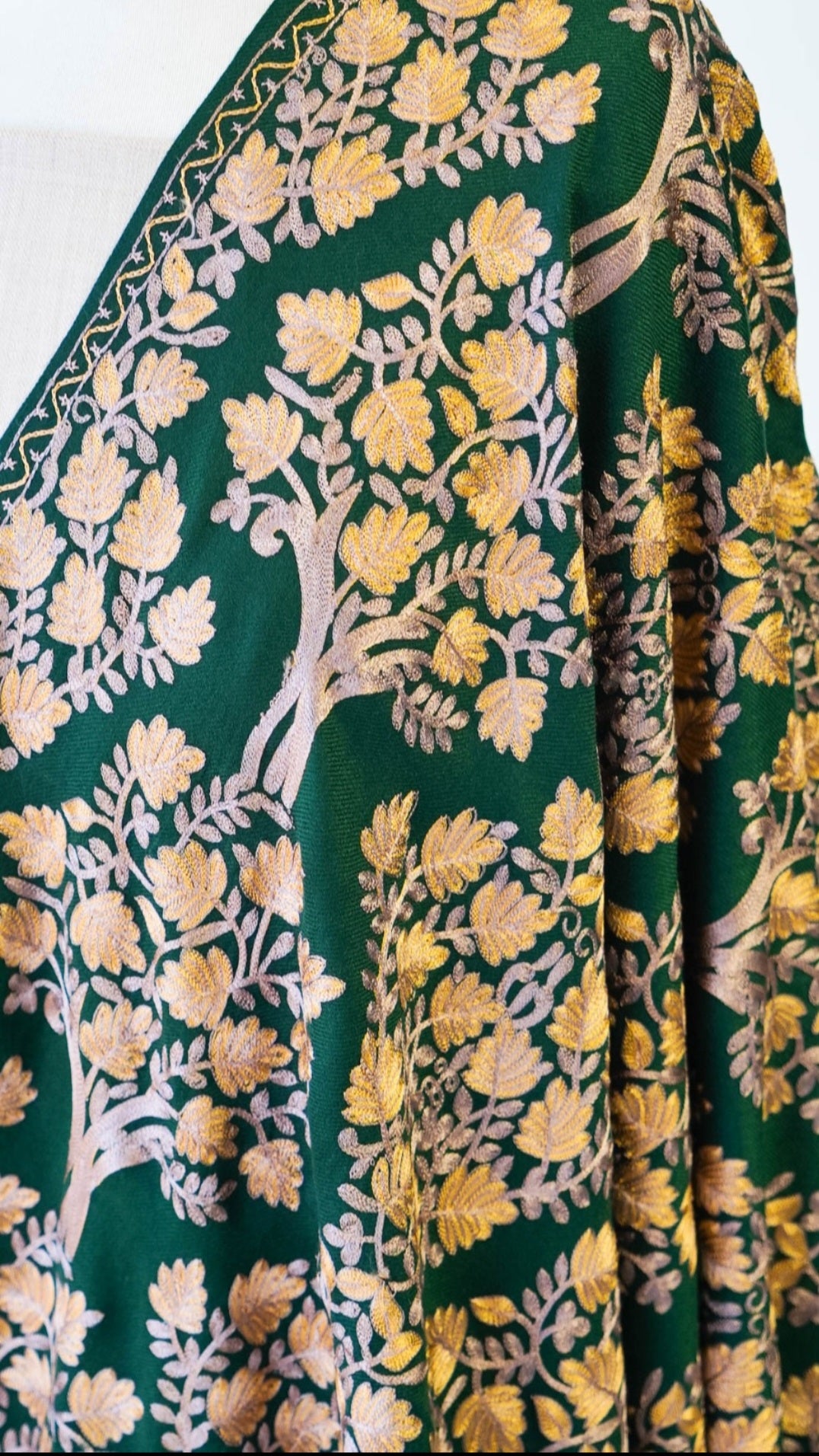 Elegant Tree Motif Embroidered Pashmina Shawl Deep Emerald Green