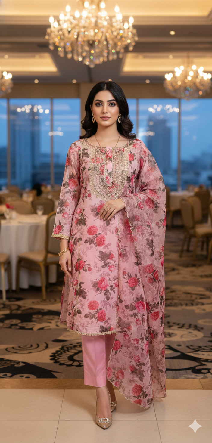 Elegant Peach Floral Hand-Embroidered Organza & Paper Silk Ensemble Pakistani designer dress