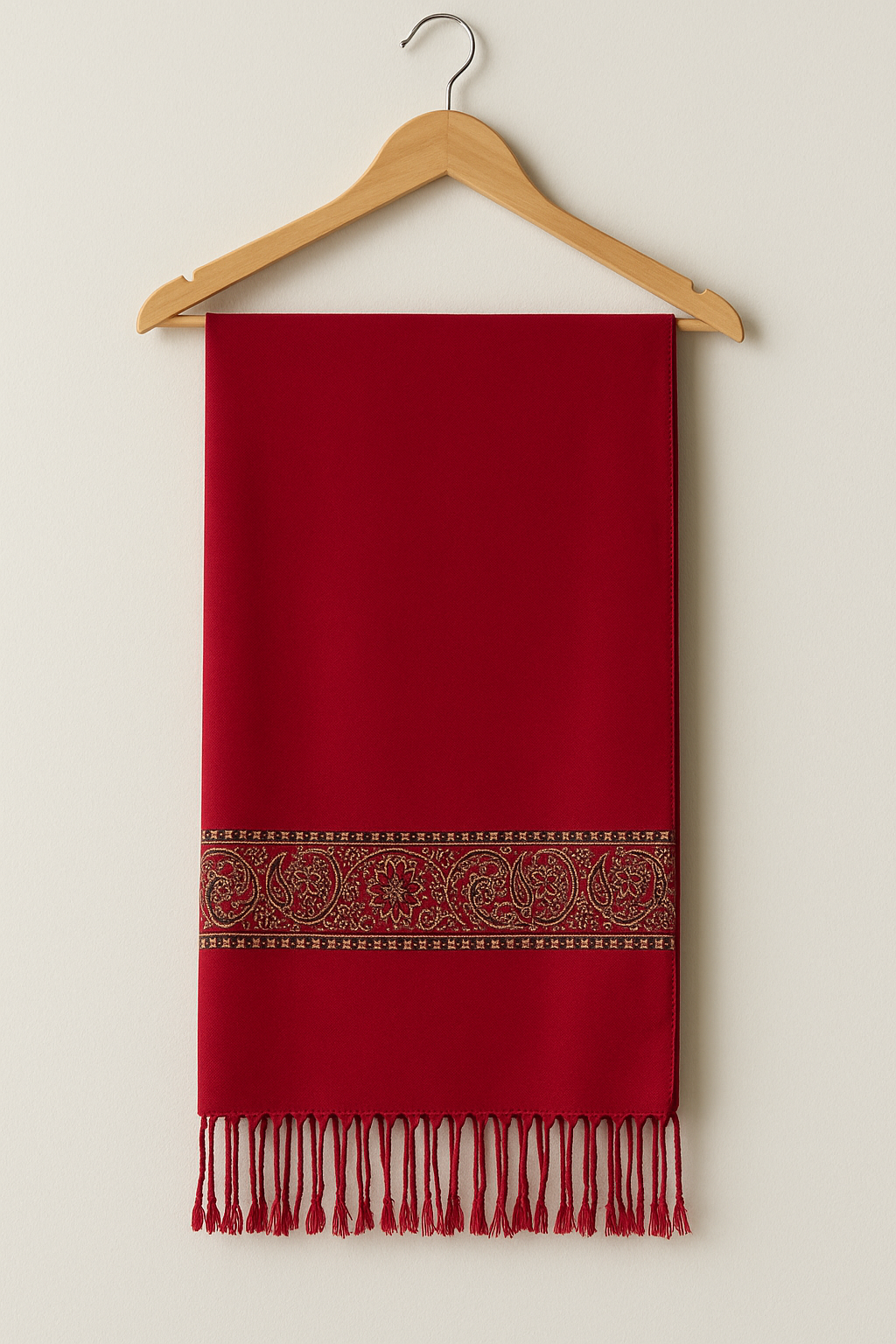Luxury Red Pashmina Shawl with Golden Jacquard Border