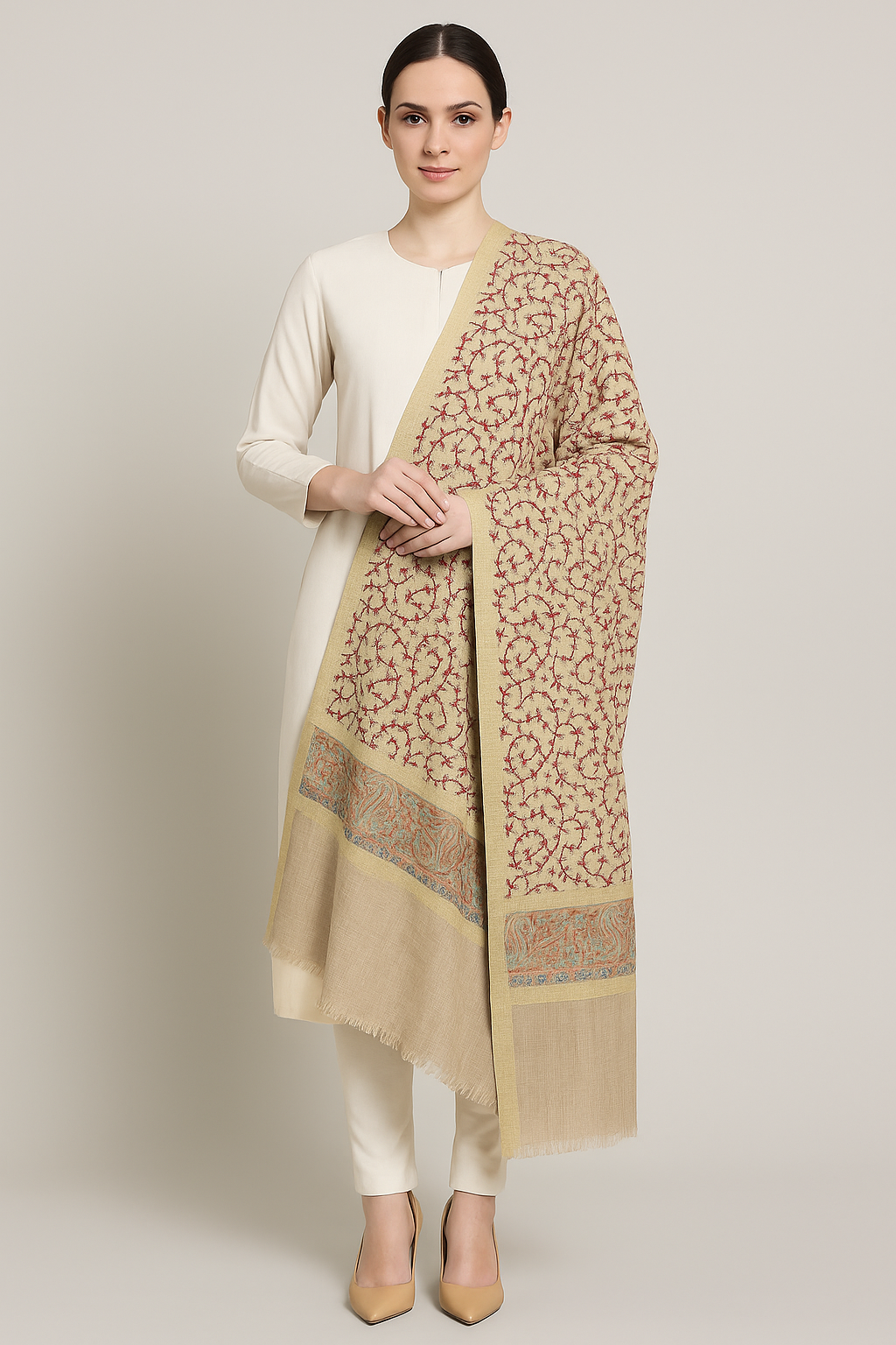 Elegant Beige Pashmina Embroidered Shawl