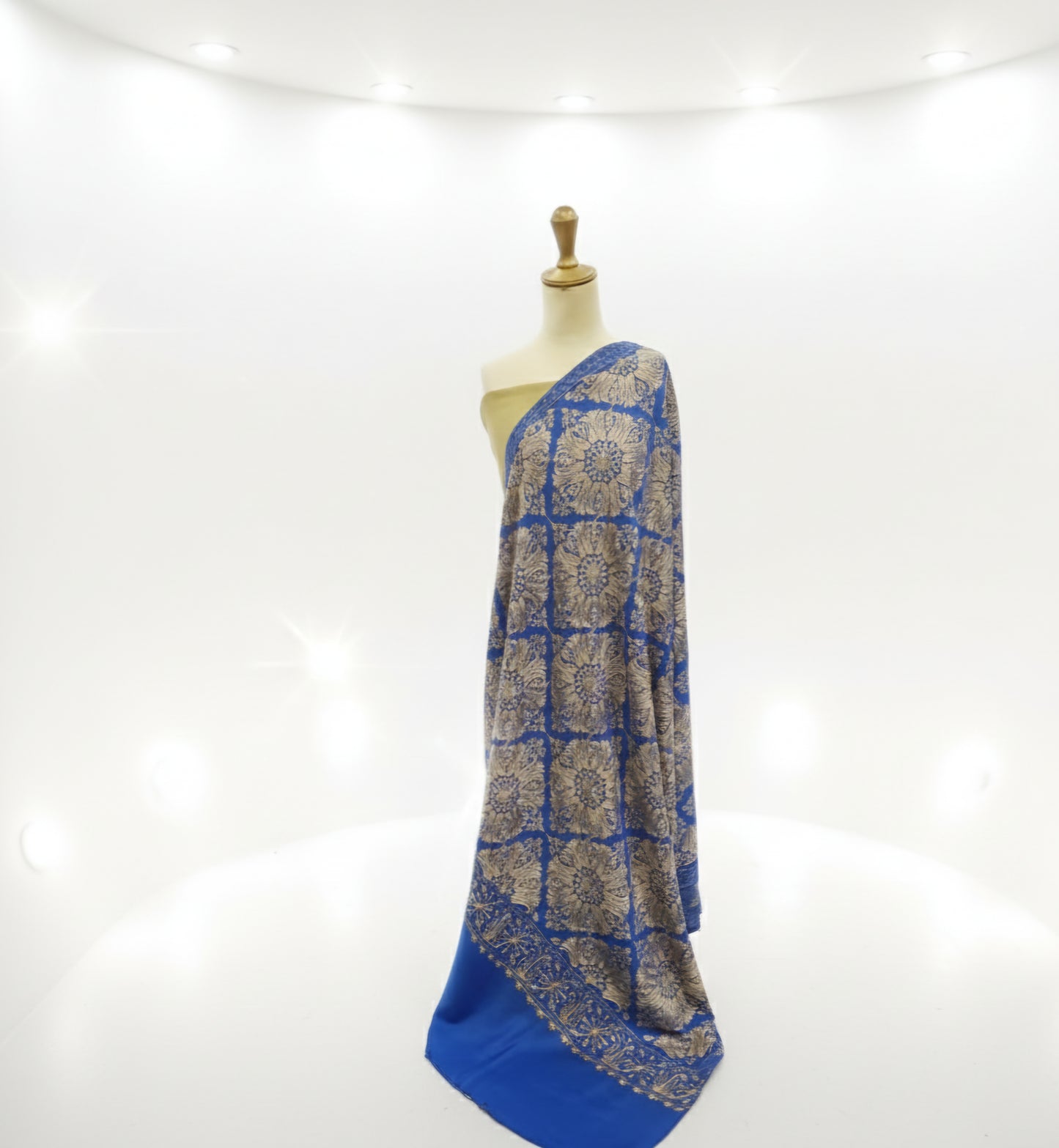 Royal Blue Pashmina Shawl with Ornate Silver-Gold Medallion Embroidery