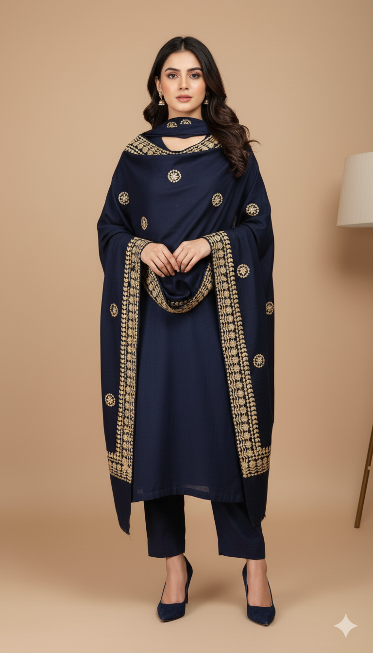 Navy Blue Embroidered Pashmina Shawl