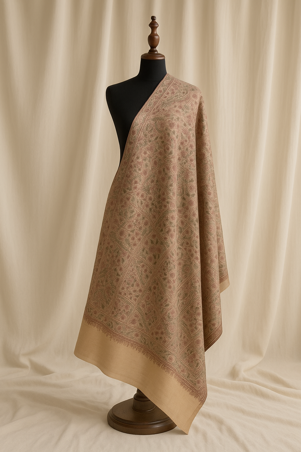 Elegant Needle Embroidery Pashmina Shawl Soft Taupe & Rose Hues
