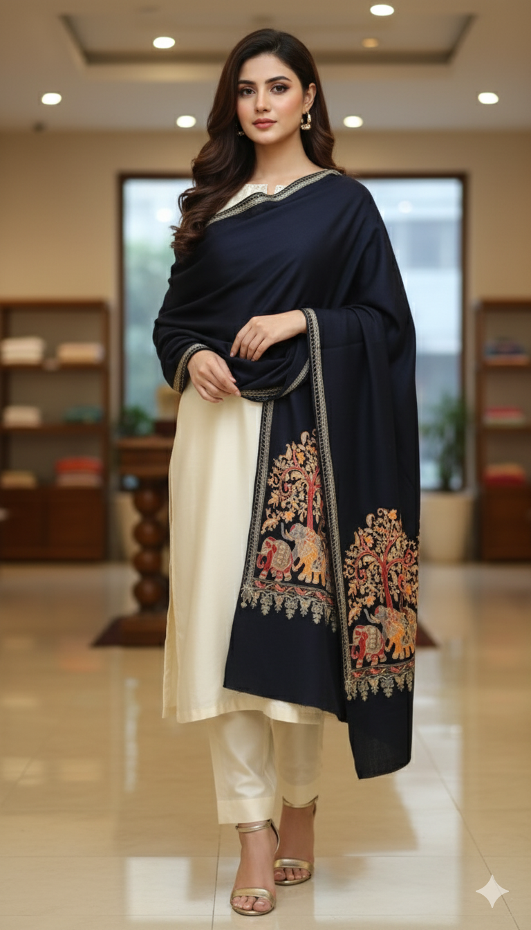 Majestic Elephant Border Pashmina Shawl