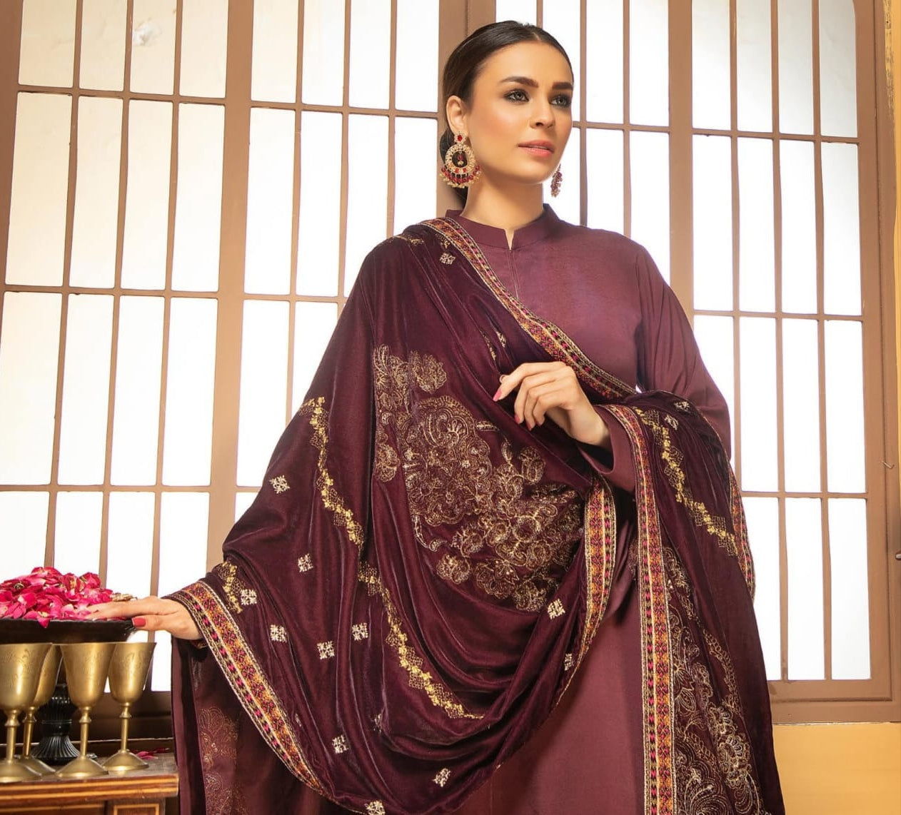 Velvet embroidered shawl