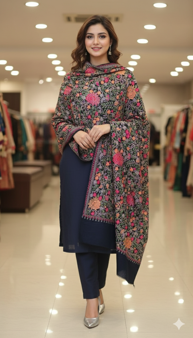 Handcrafted Pashmina Shawl with Multicolor Aari Embroidery