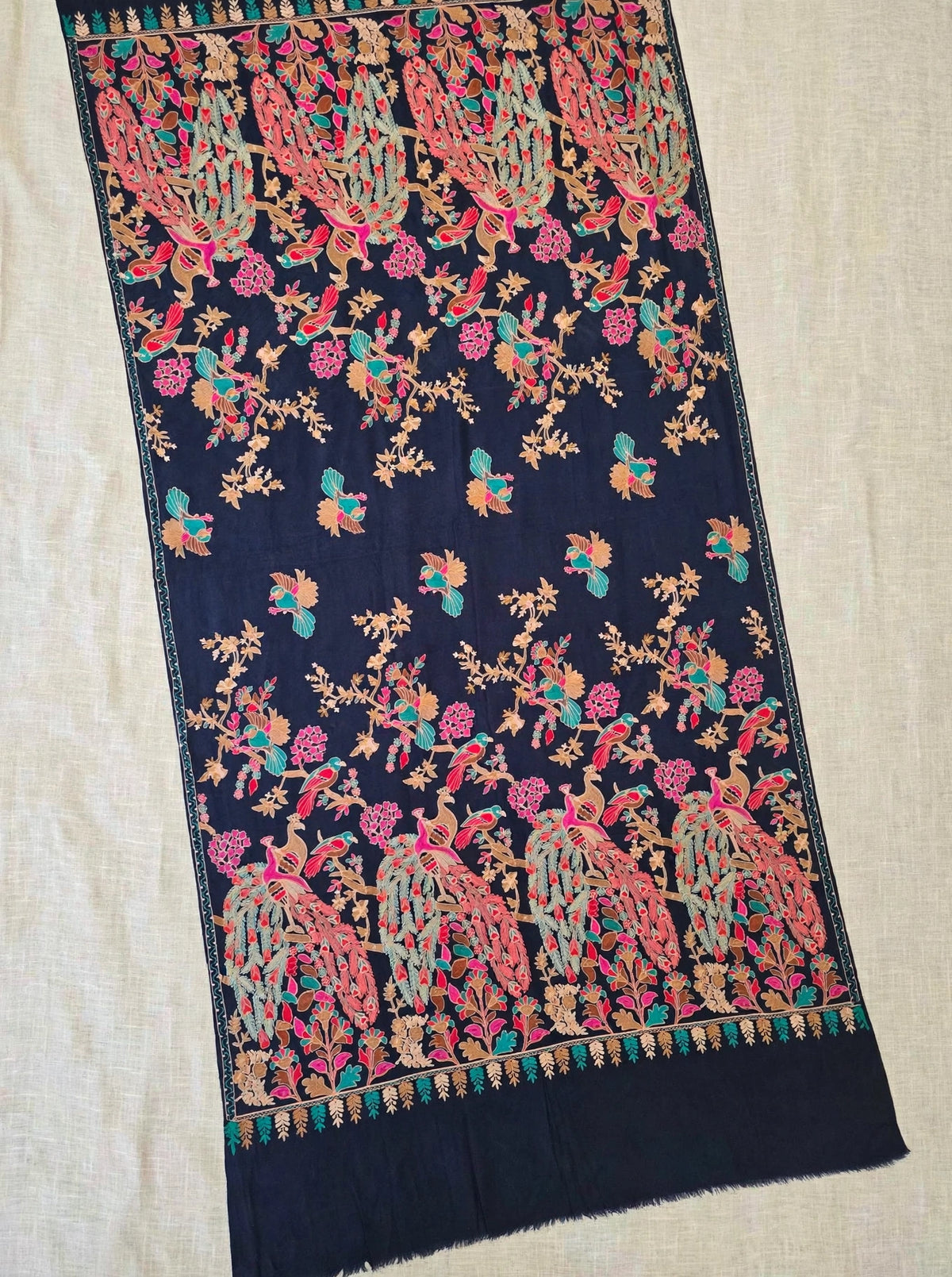 Midnight Peacock Navy Blue Fully Embroidered Pashmina Shawl