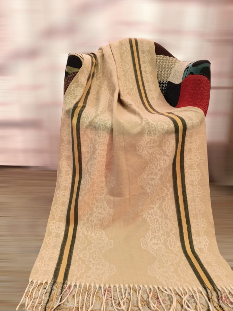 Elegant Wool Stoler with Subtle Pattern & Fringe Detailing