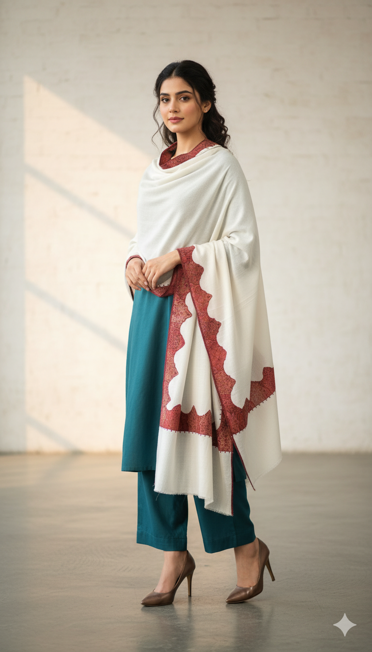 Elegant Ivory Pashmina Shawl with Maroon Border Detailing