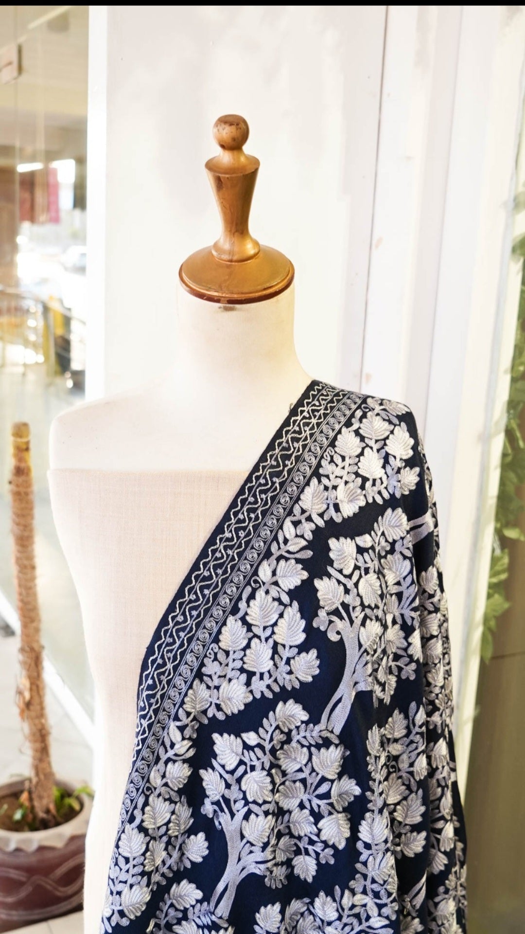 Navy Blue Aar Embroidered Pashmina Shawl Tree of Life Design