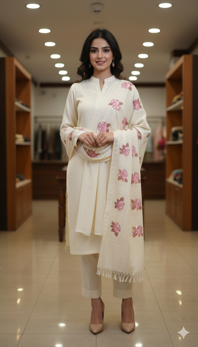 Ivory Pashmina Shawl with Pink Floral Embroidery