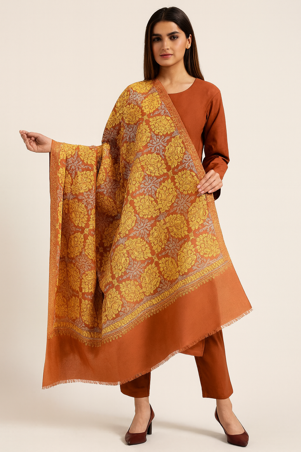 Rust Orange Aari Embroidery Shawl Traditional Luxury Wrap