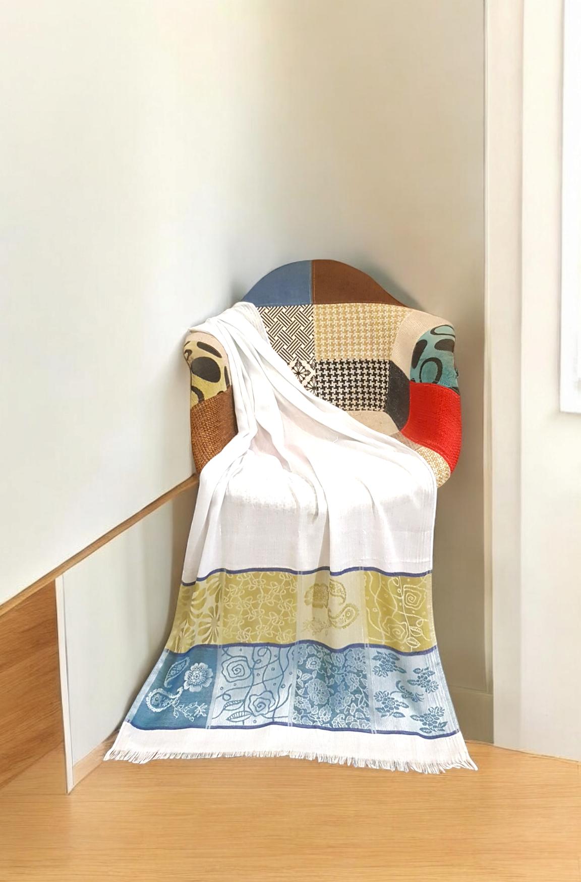 Elegant White Stole with Gold & Blue Paisley and Floral Border