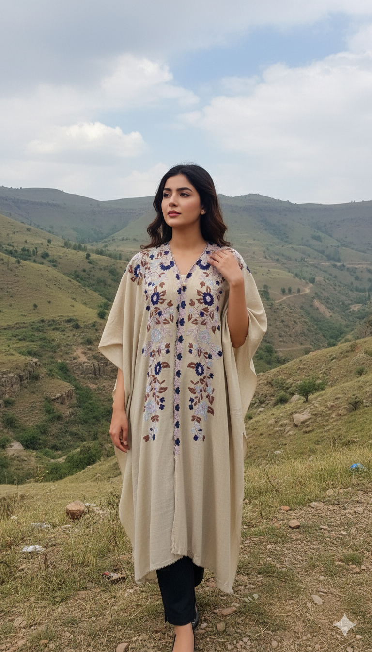 Pashmina Kaftan with Embroidered Floral Motifs