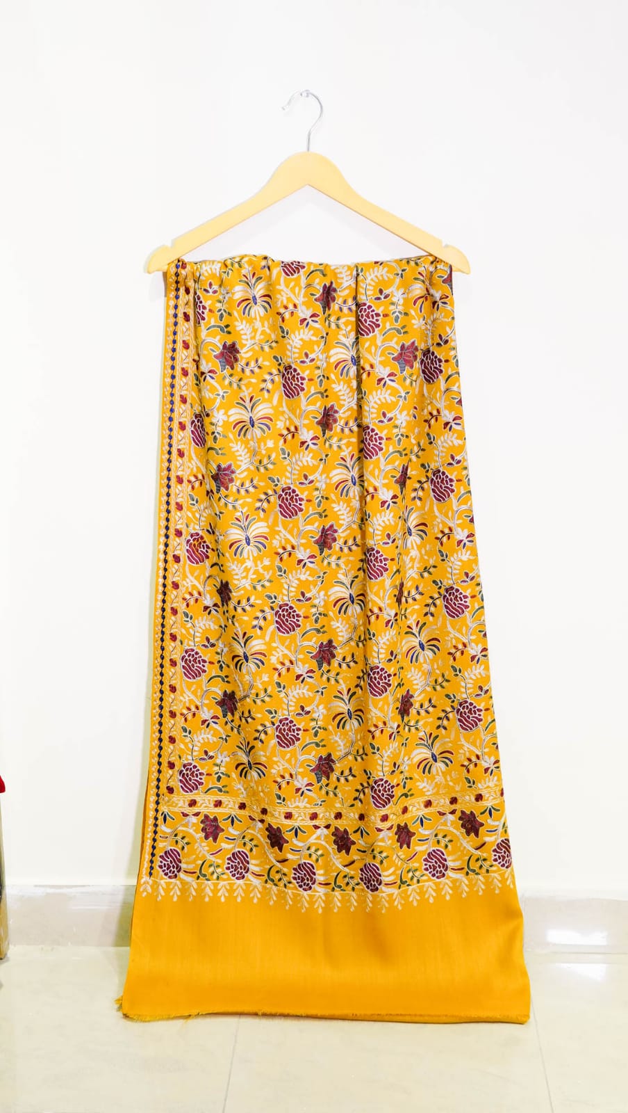 Mustard Pashmina Shawl with Traditional Kalamkar Embroidery