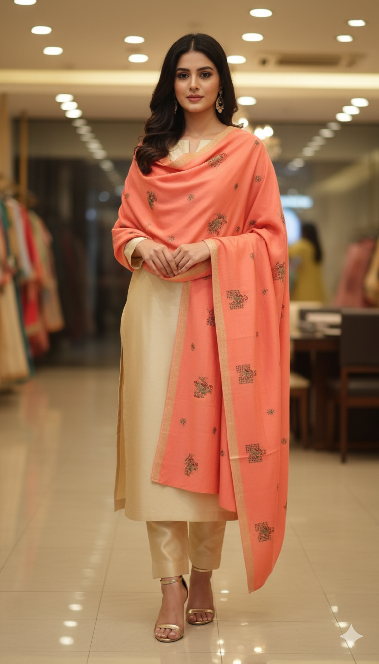 Peach Embroidered Pashmina Shawl