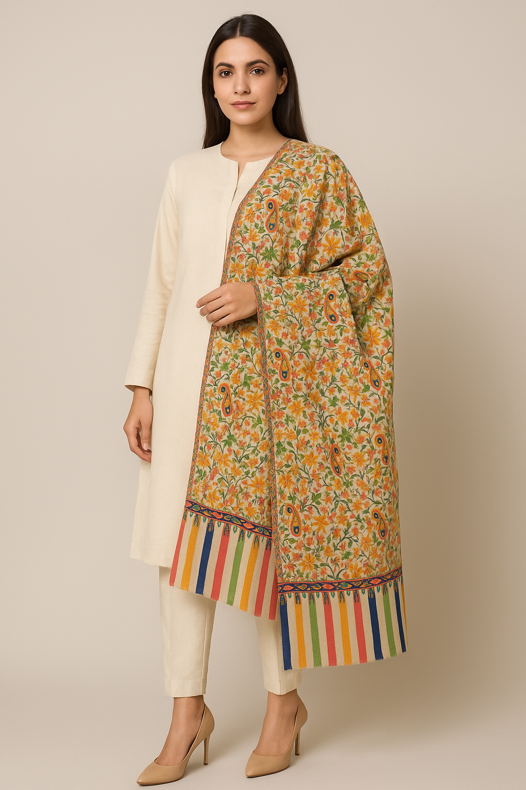 “Multicolor Kashmiri Pashmina Shawl with Floral & Paisley Design Striped Border”