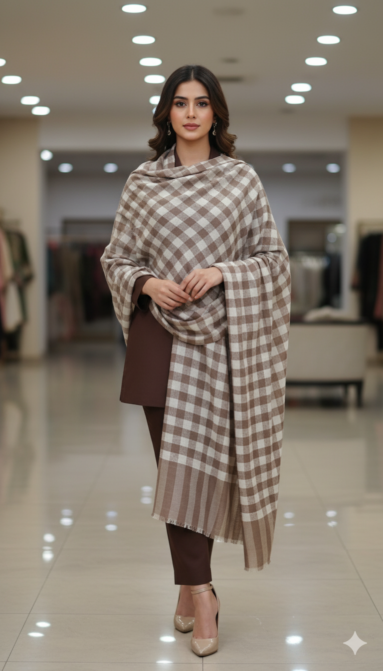 Brown & Ivory Checkered Pashmina Shawl