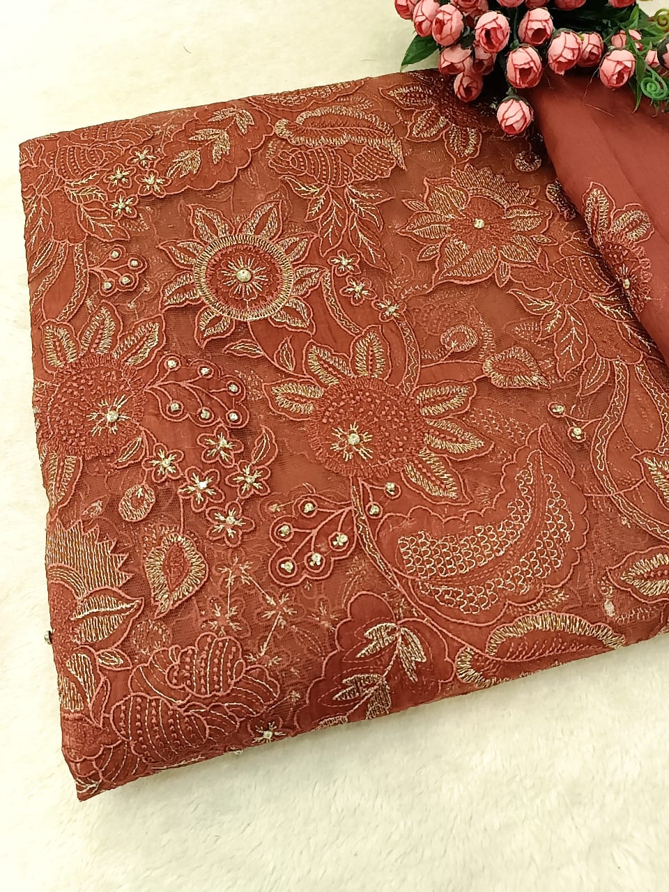 Rust Terracotta Laser-Cut Embroidered Net Shirt with Pure Chiffon Dupatta