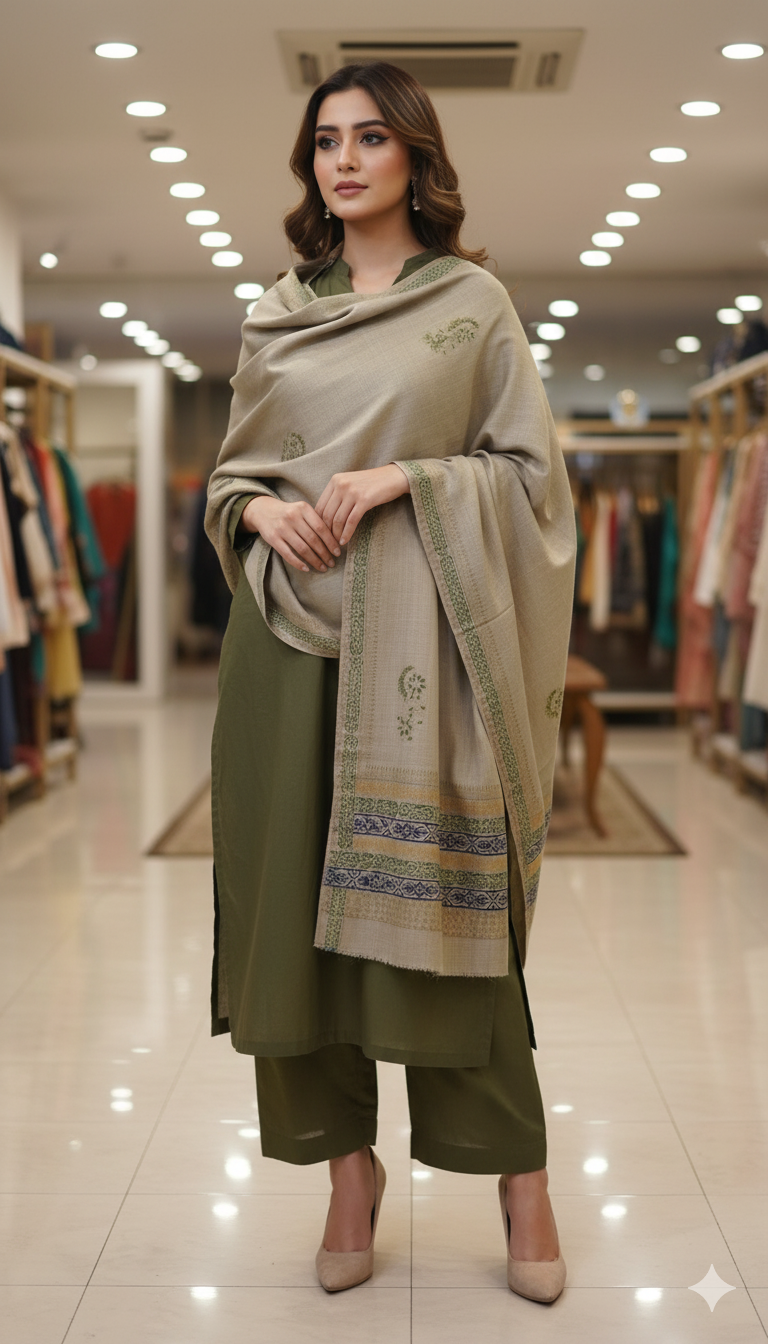 Elegant Pashmina Shawl with Block Print Detailing