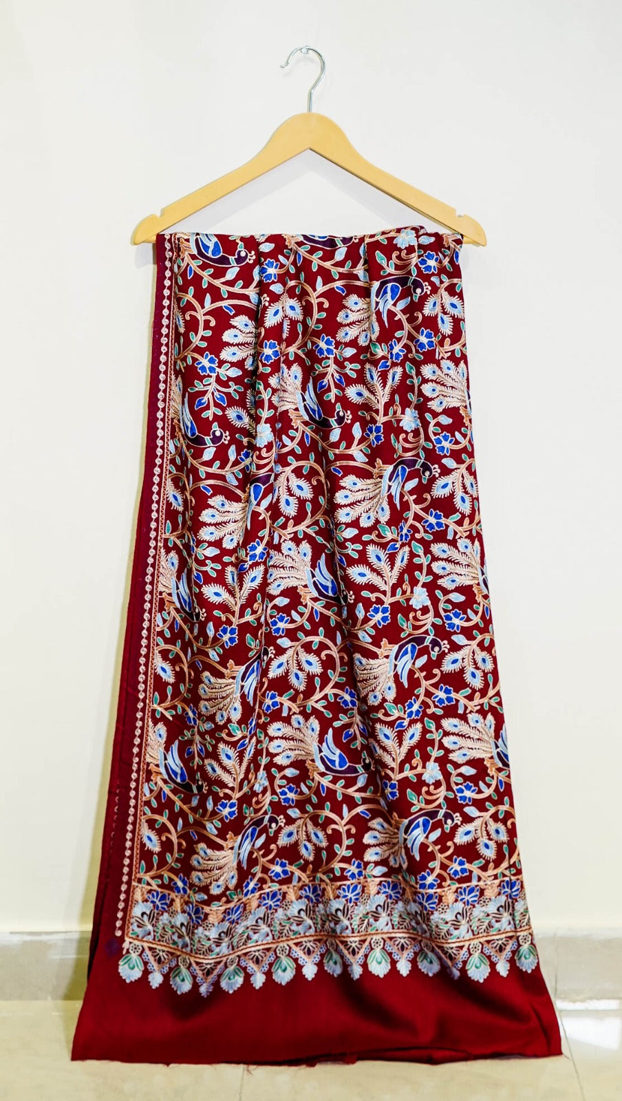 Luxury Maroon Pashmina Shawl with Intricate Multi-Colored Embroidery