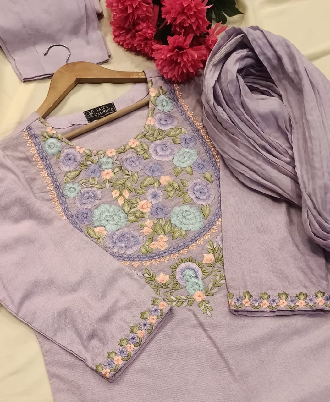 Embroidered Cotton Salwar Kameez Set | Machine Embroidery Neckline & Sleeves