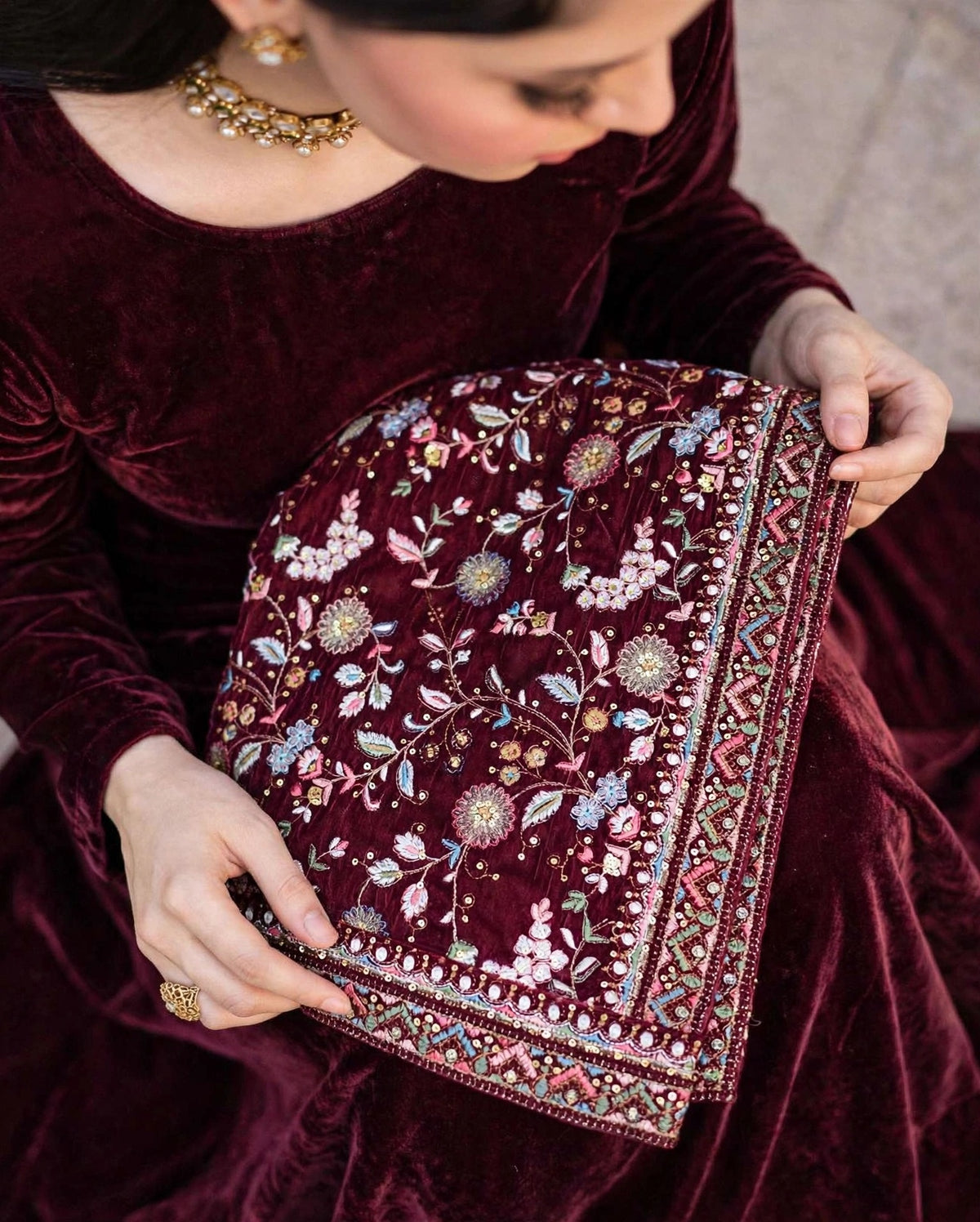 Raat Ki Rani - Burgundy Velvet Kalamkar Shawl Set